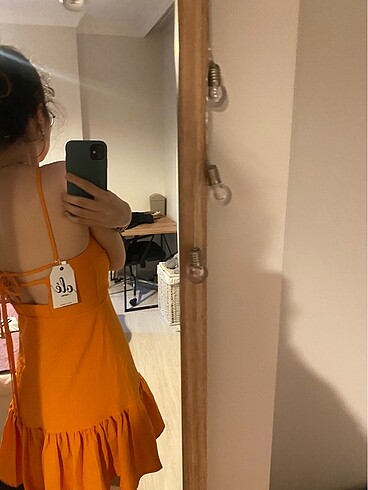 36 Beden turuncu Renk Turuncu Sırt Dekolteli Elbise