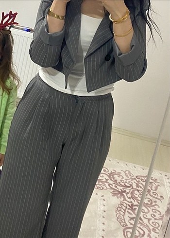 Gri Çizgili Blazer Ceket Pantolon Takım