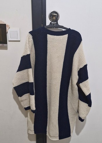 Lacivert Beyaz Çizgili Örgü Kadın Kazak - Görsel 2