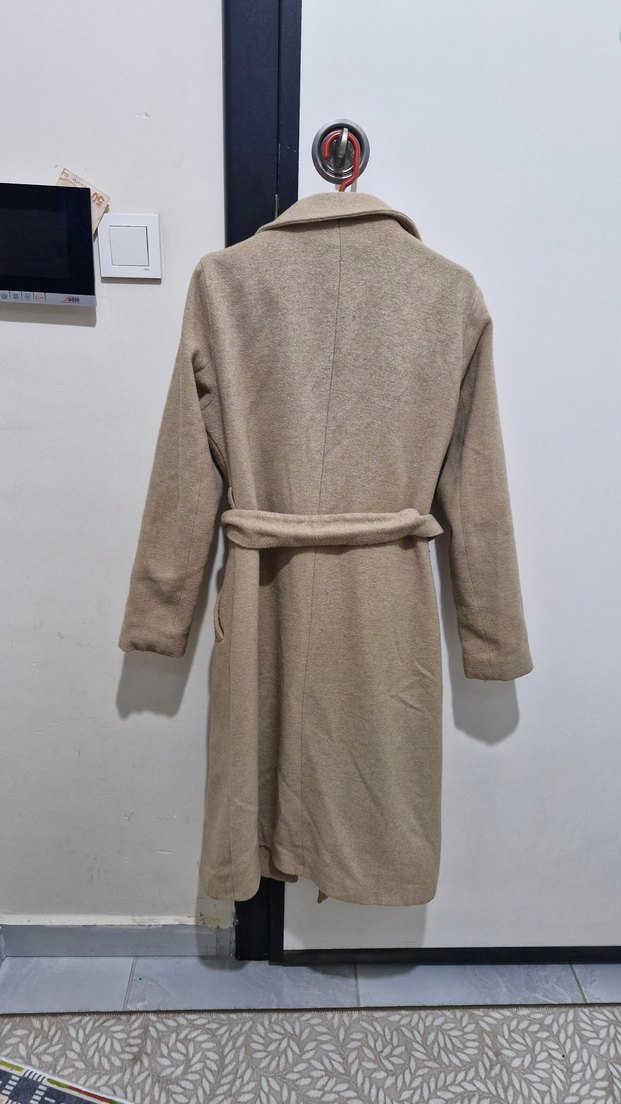 Bej Kemerli Midi Kadın Yün Kaban - Görsel 2