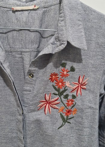 Gri Nakışlı Uzun Kollu Bohem Kadın Gömlek - Görsel 2