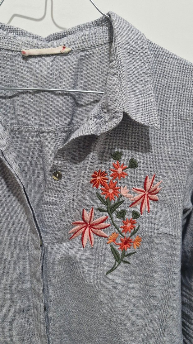 Gri Nakışlı Uzun Kollu Bohem Kadın Gömlek - Görsel 2