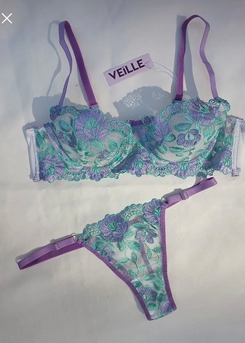 Diğer Mor Nakışlı Vintage Sütyen ve Külot Takımı