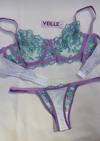 Mor Nakışlı Vintage Sütyen ve Külot Takımı