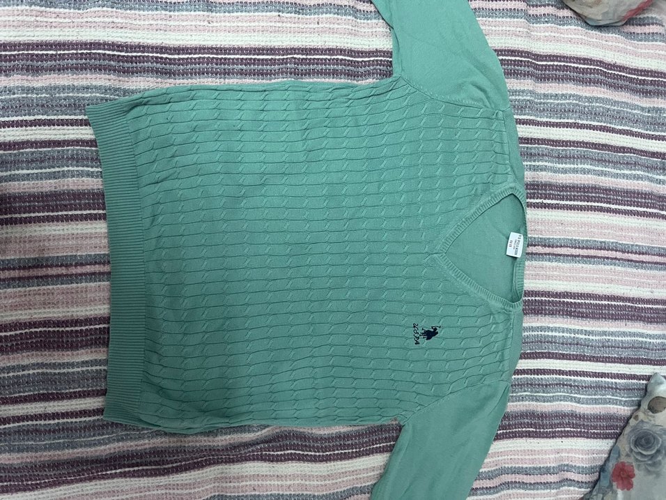 V Yaka Yeşil Örgü Kadın Kazak - Görsel 2