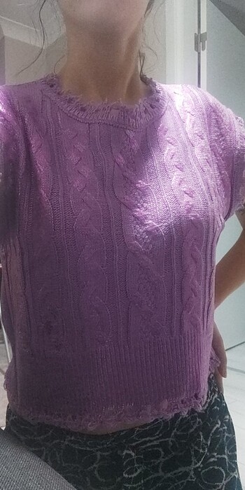 Örgü metalik görünümlu crop süveter 