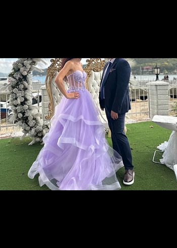 36 Beden Askılı, Nakışlı, Uzun Mor Abiye Elbise