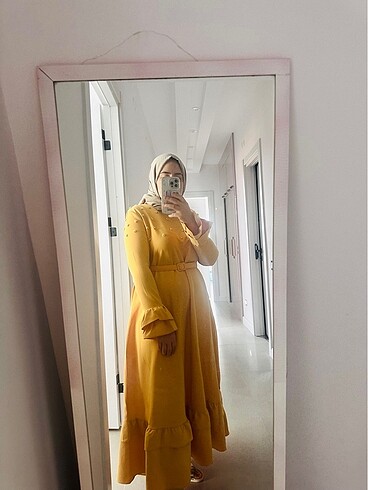 42 Beden sarı Renk Sarı renk tesettür incili krep elbise 42 beden