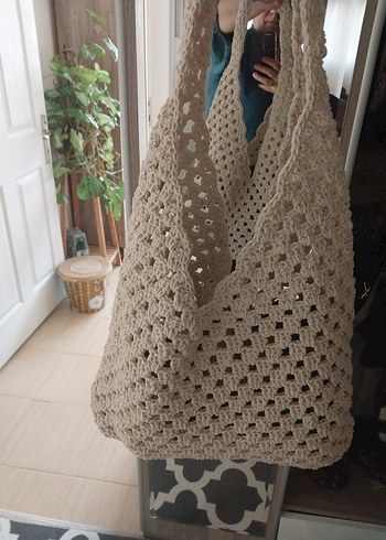 Bej Dantelli Örgü Bohem Kadın Çantası - Görsel 5