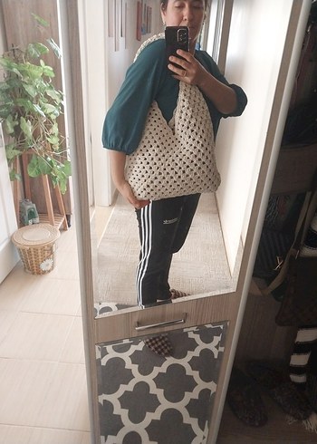 Bej Dantelli Örgü Bohem Kadın Çantası - Görsel 4