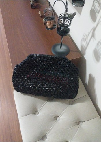 Boncuk İşlemeli Siyah Örgü Kadın Portföy Çanta - Görsel 3