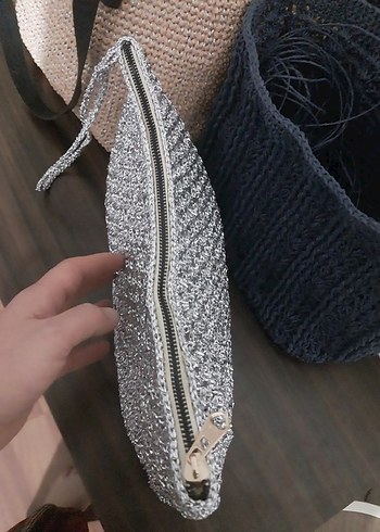 Gri Örgü Fermuarlı Kadın Portföy Çanta - Görsel 6