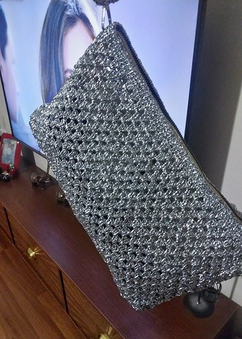 Gri Örgü Fermuarlı Kadın Portföy Çanta - Görsel 5