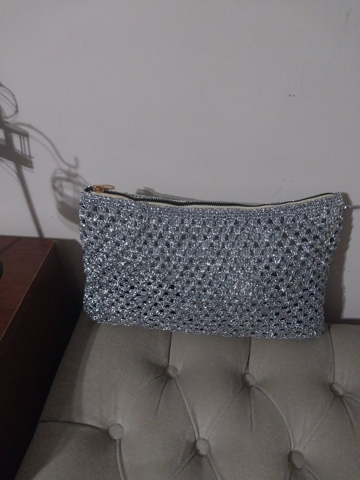 Gri Örgü Fermuarlı Kadın Portföy Çanta - Görsel 3