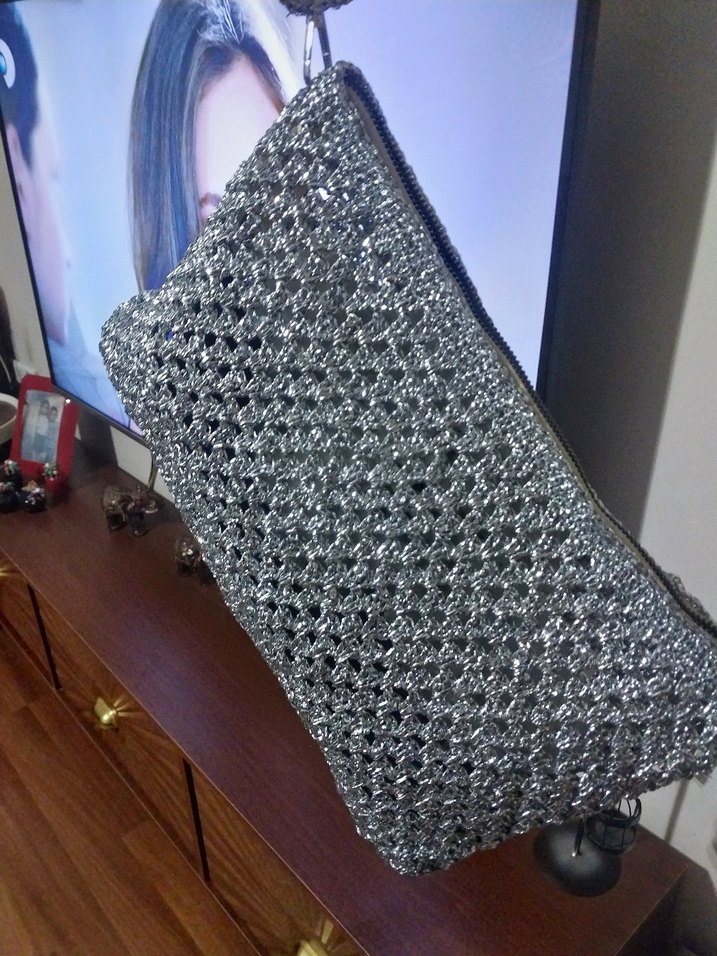 Gri Örgü Fermuarlı Kadın Portföy Çanta - Görsel 5