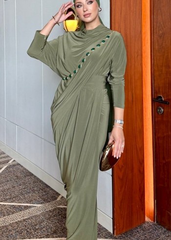 Kadın Haki Uzun Drapeli Elbise - Görsel 2