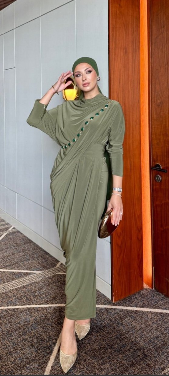 Kadın Haki Uzun Drapeli Elbise - Görsel 2