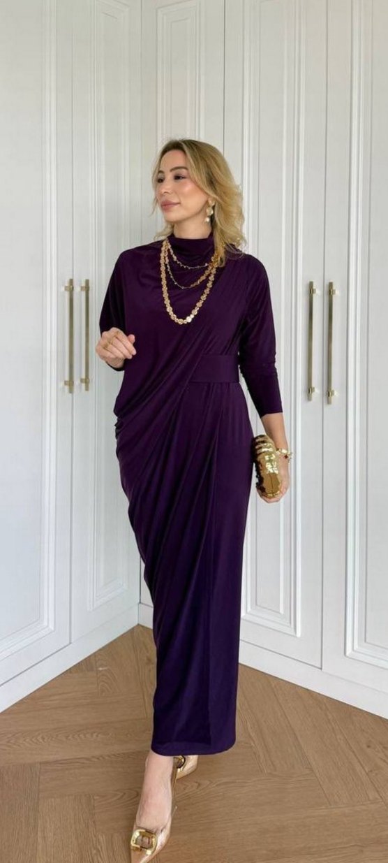 Kadın Haki Uzun Drapeli Elbise - Görsel 3