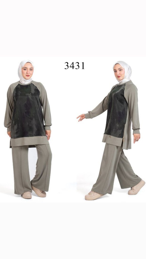 Kadın Kahverengi Bağlama Desenli Uzun Takım - Görsel 4