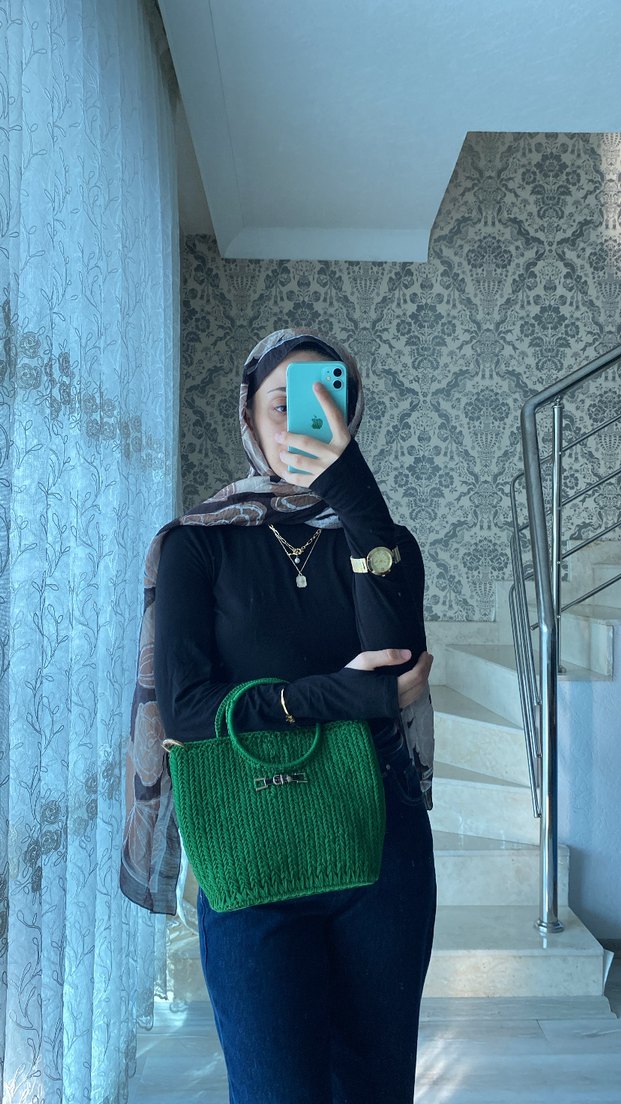 Örgü Kadın El Çantası - Koyu Yeşil - Görsel 4