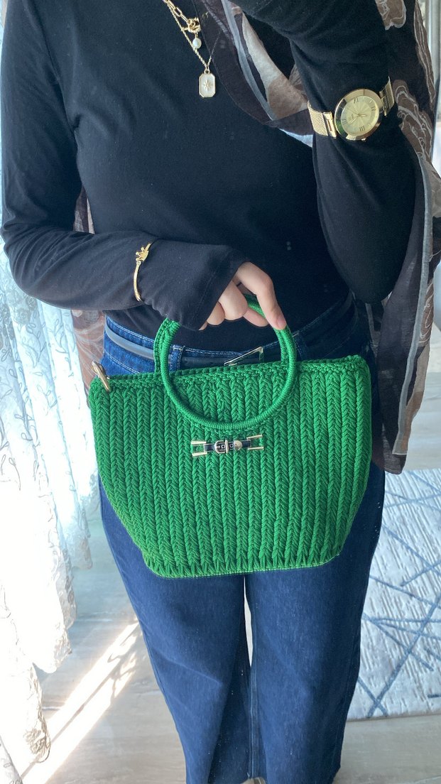 Örgü Kadın El Çantası - Koyu Yeşil - Görsel 5