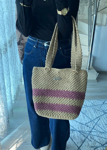 Kahverengi Bağlama Desenli Örgü Kadın Çanta - Görsel 3