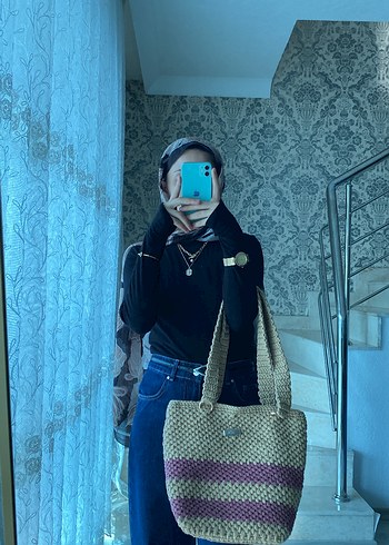 Kahverengi Bağlama Desenli Örgü Kadın Çanta - Görsel 4