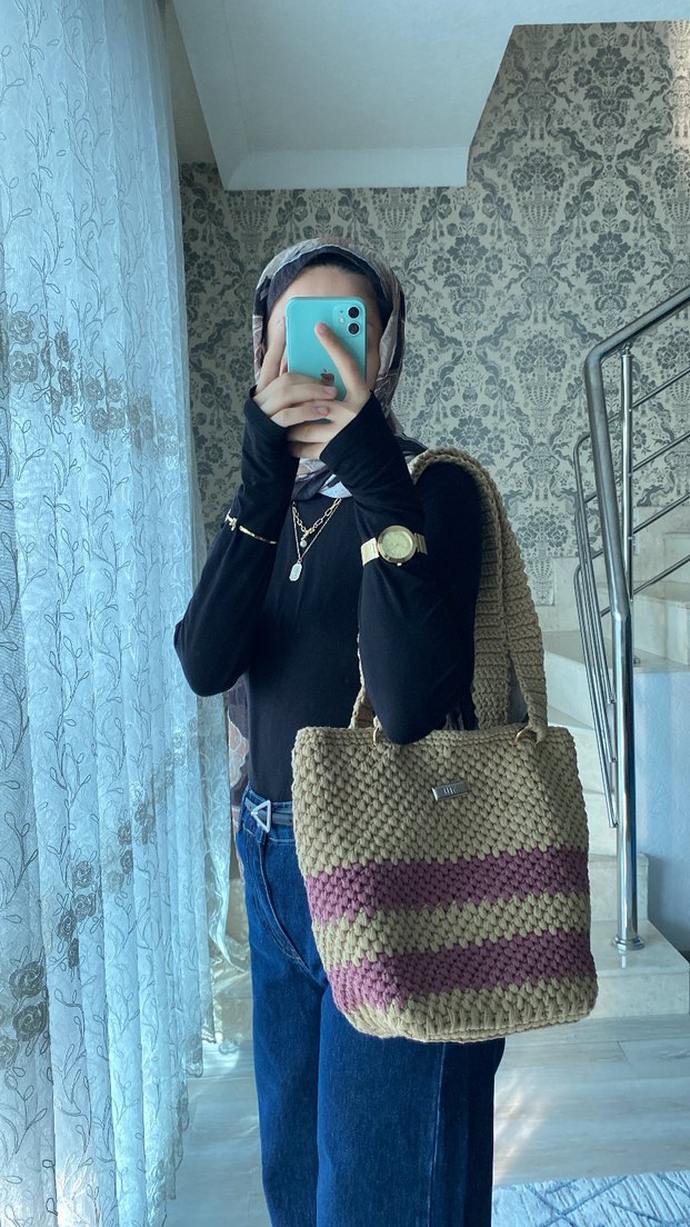 Kahverengi Bağlama Desenli Örgü Kadın Çanta - Görsel 2