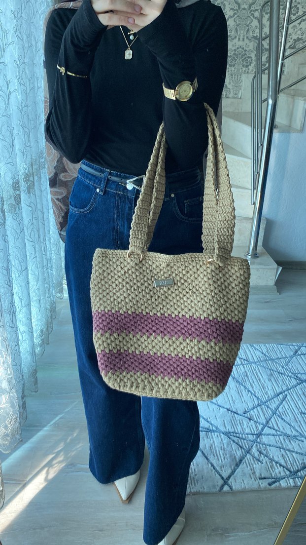 Kahverengi Bağlama Desenli Örgü Kadın Çanta - Görsel 3