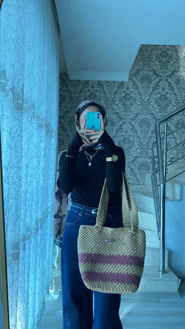 Kahverengi Bağlama Desenli Örgü Kadın Çanta - Görsel 4