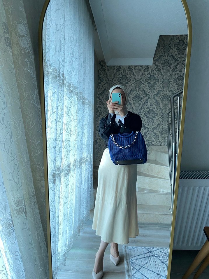 Örgü Mavi Kadın Tote Çanta - Görsel 2