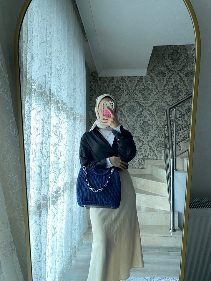 Örgü Mavi Kadın Tote Çanta - Görsel 3