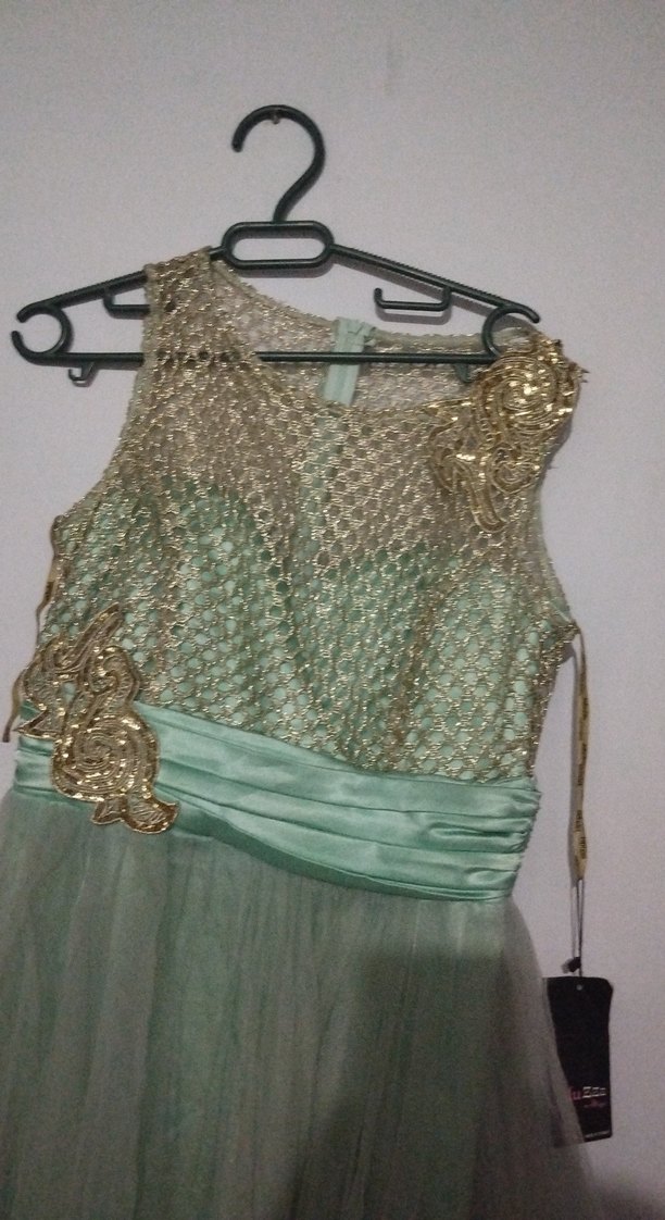 Uzun Turkuaz Nakışlı Straplez Abiye - Görsel 2