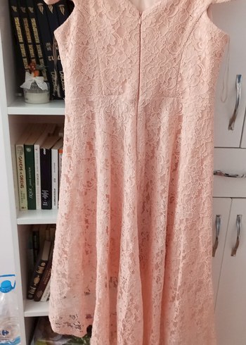 Dantel Detaylı Pudra Midi Abiye Elbise