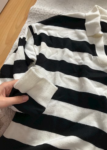 Çizgili, V Yakalı, Pamuk Örgü Kadın Kazak - Görsel 3