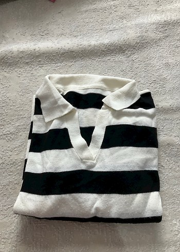 Çizgili, V Yakalı, Pamuk Örgü Kadın Kazak - Görsel 5