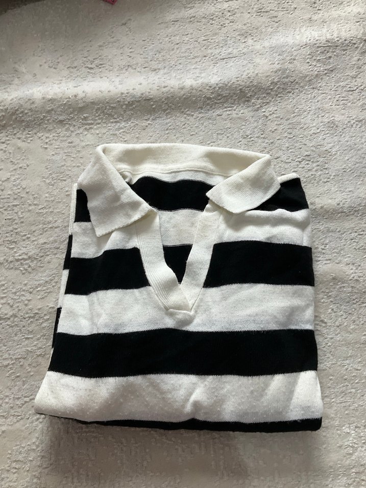 Çizgili, V Yakalı, Pamuk Örgü Kadın Kazak - Görsel 5