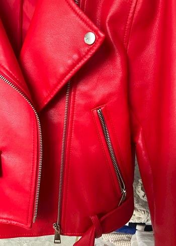 Stradivarius Kırmızı Kadın Deri Biker Ceket - Görsel 5