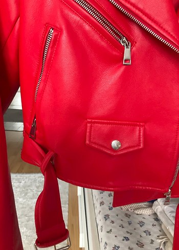 Stradivarius Kırmızı Kadın Deri Biker Ceket - Görsel 4