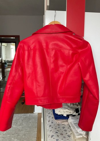 Stradivarius Kırmızı Kadın Deri Biker Ceket - Görsel 6