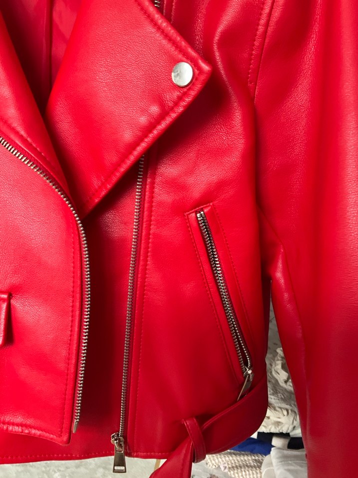 Stradivarius Kırmızı Kadın Deri Biker Ceket - Görsel 5