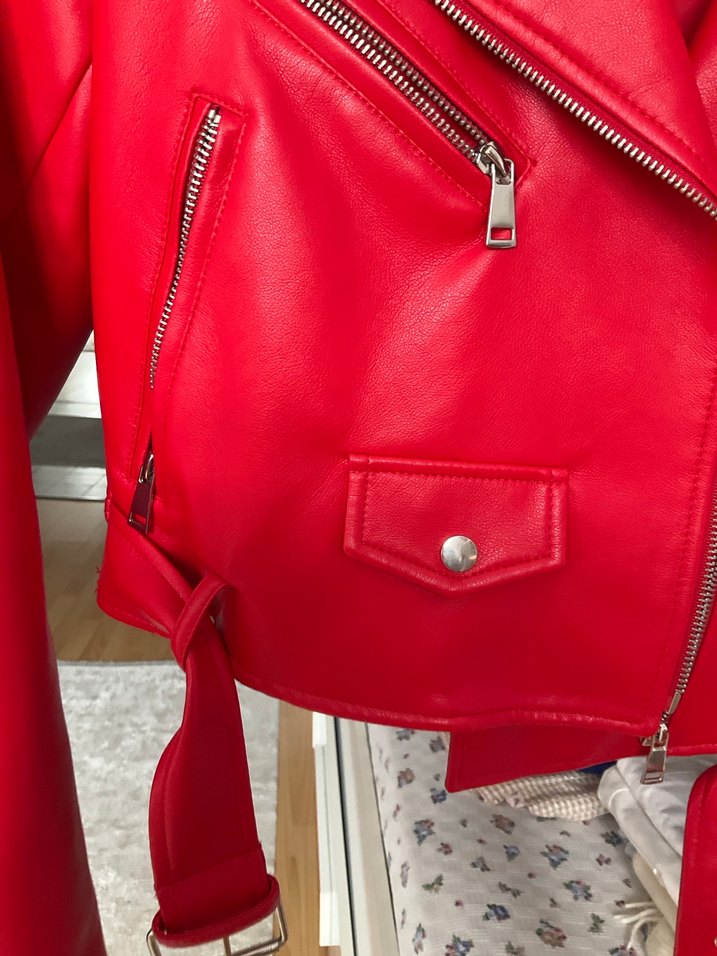 Stradivarius Kırmızı Kadın Deri Biker Ceket - Görsel 4