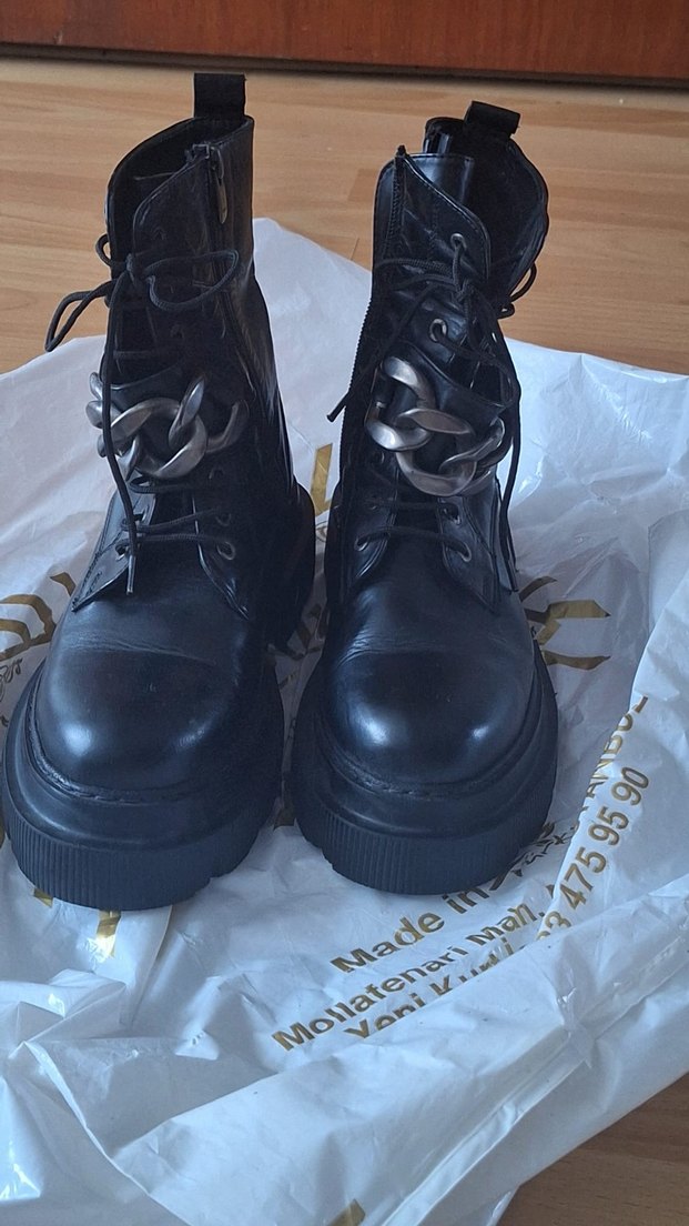 Siyah Deri Platform Topuklu Goth Bot - Görsel 2