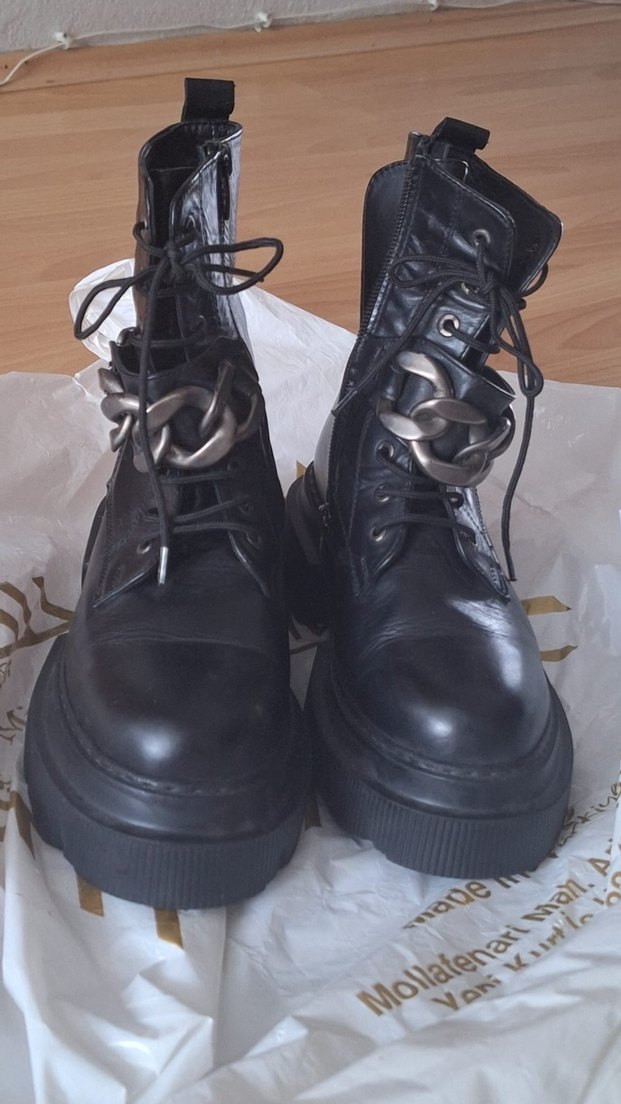 Siyah Deri Platform Topuklu Goth Bot - Görsel 3