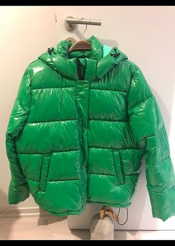 Parlak Yeşil Kadın şişme Mont - Görsel 4