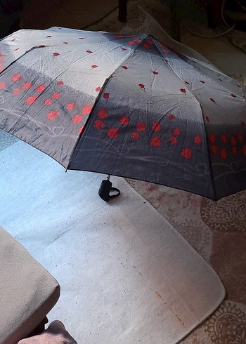 Şeffaf Gri Kırmızı Gül Desenli Kadın Şemsiye - Görsel 2