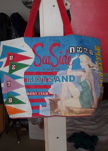 Renkli Baskılı Plaj Çantası Velcro Kapamalı VİNTAGE - Görsel 3