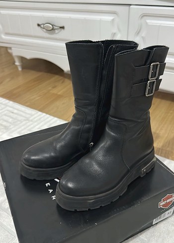 Harley Davidson Kadın Siyah Deri Biker Botlar Tokalı