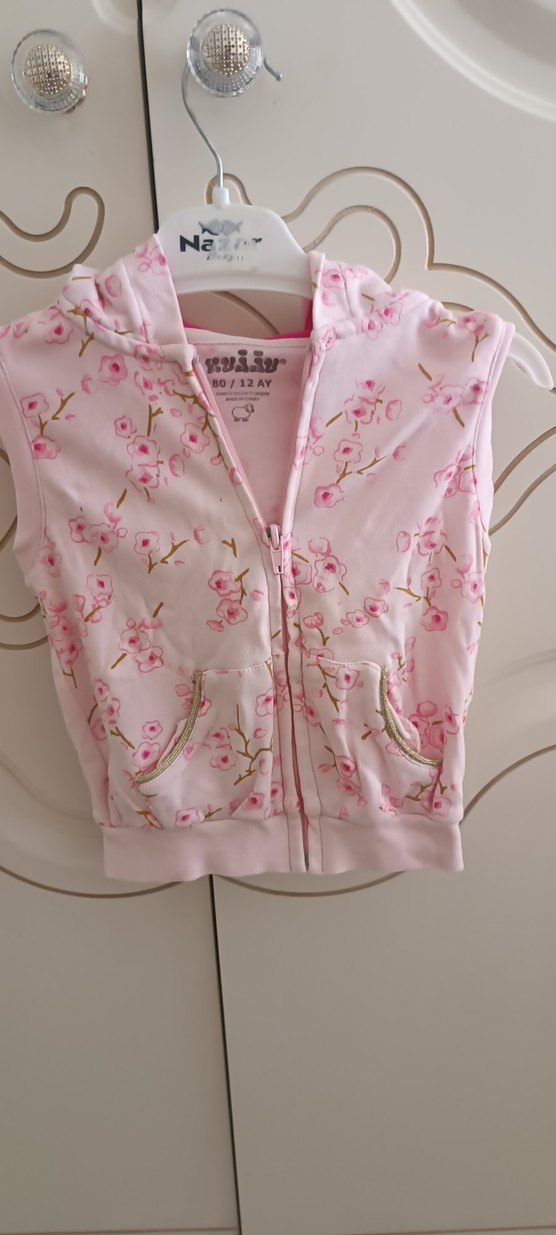 Kız Çocuk Pembe Çiçekli Fermuarlı Yelek - Görsel 4