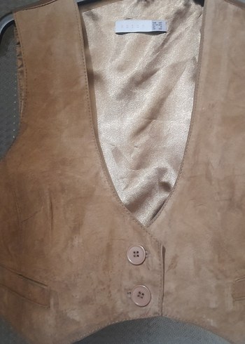 Kahverengi Süet Düğmeli V-Yaka Kadın Yelek - Görsel 4